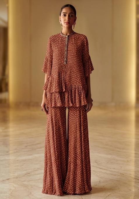 Brown Printed Crepe Fusion Set