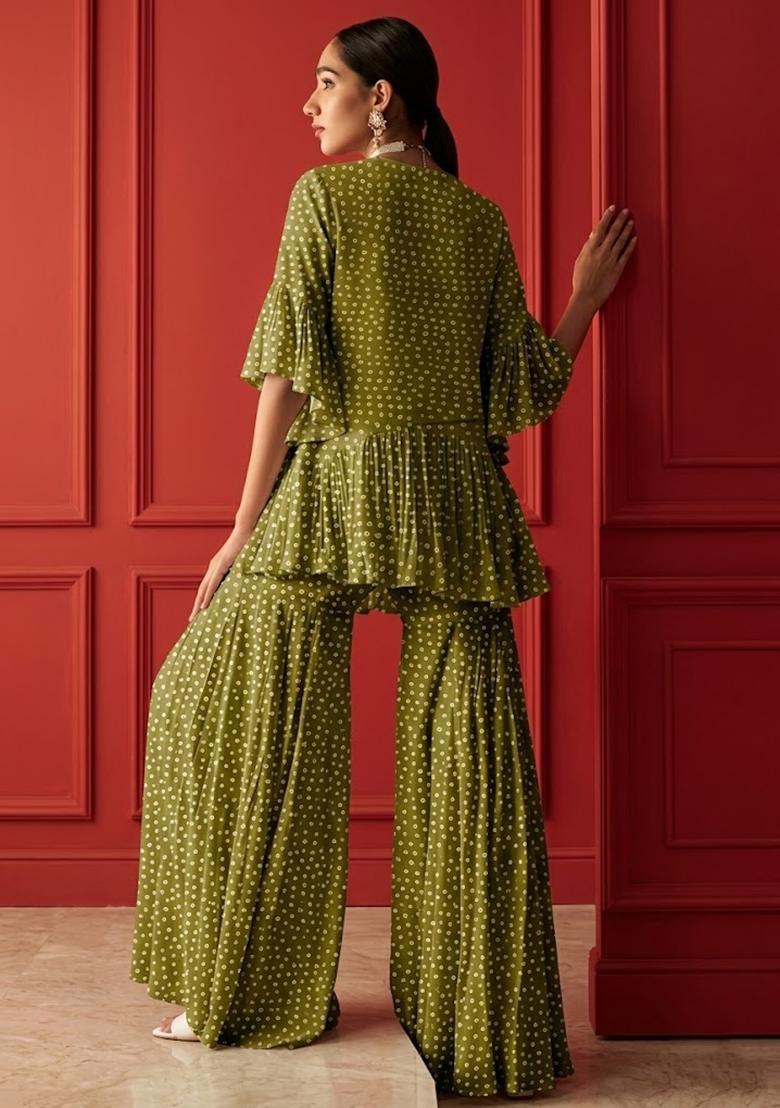 Green Printed Crepe Fusion Set - Indya