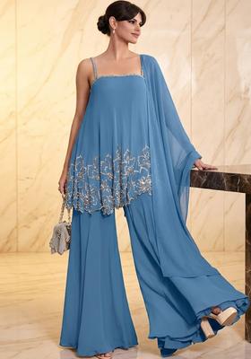 Steel Blue Embroidered Handwork Sharara Set