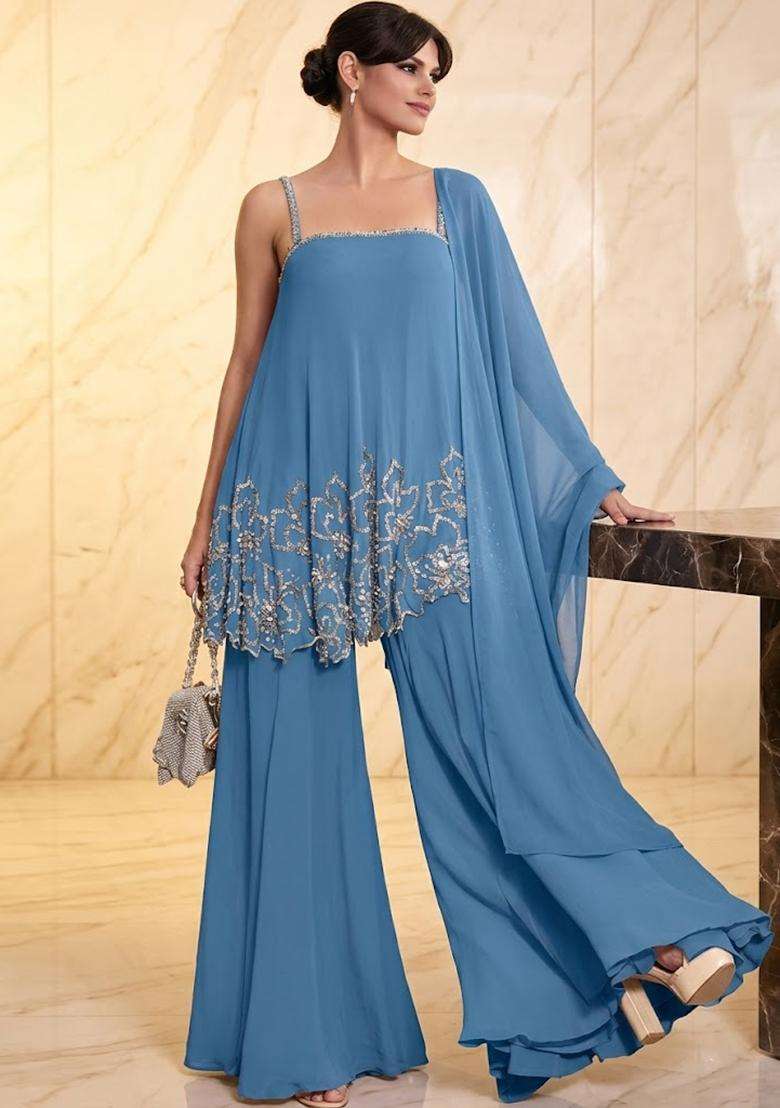 Steel Blue Embroidered Handwork Sharara Set - Indya