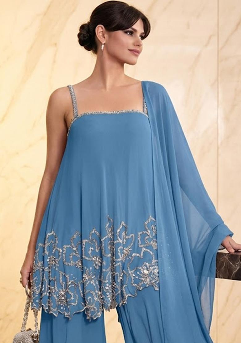 Steel Blue Embroidered Handwork Sharara Set - Indya