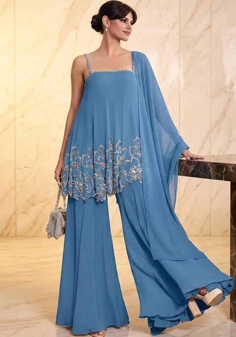 Steel Blue Embroidered Handwork Sharara Set