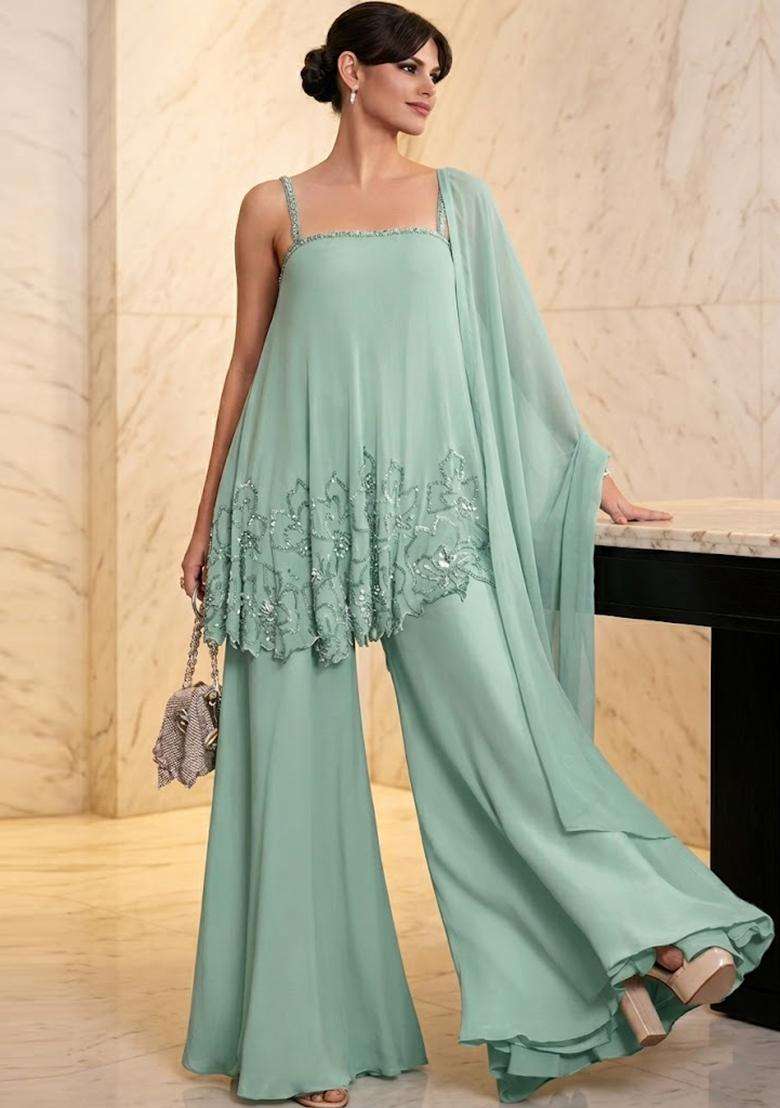 Mint Green Embroidered Handwork Sharara Set - Indya