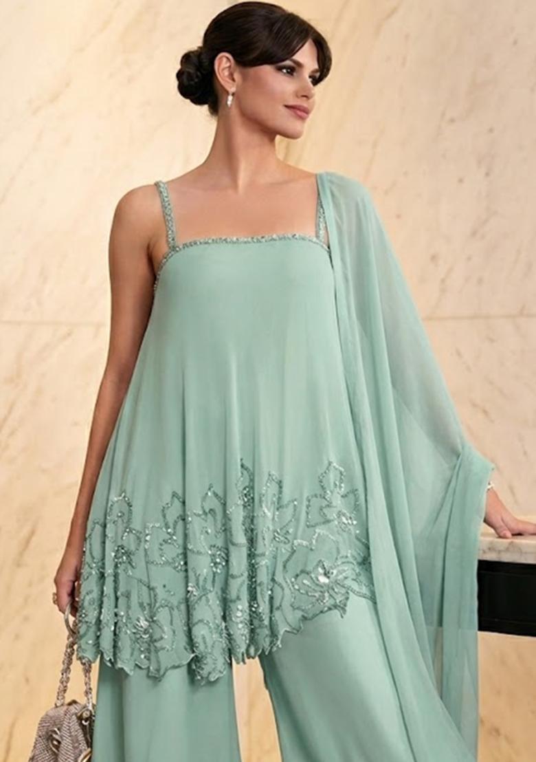 Mint Green Embroidered Handwork Sharara Set - Indya