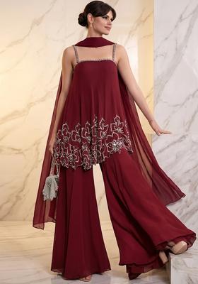 Maroon Embroidered Handwork Sharara Set