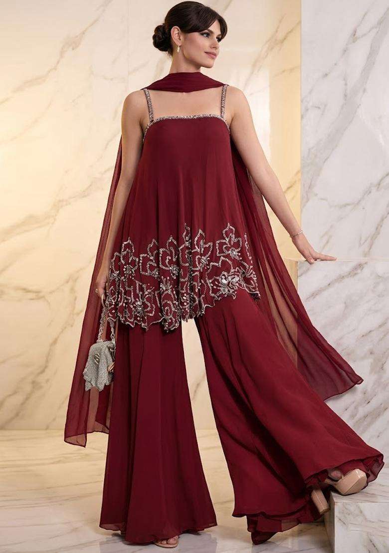 Maroon Embroidered Handwork Sharara Set - Indya