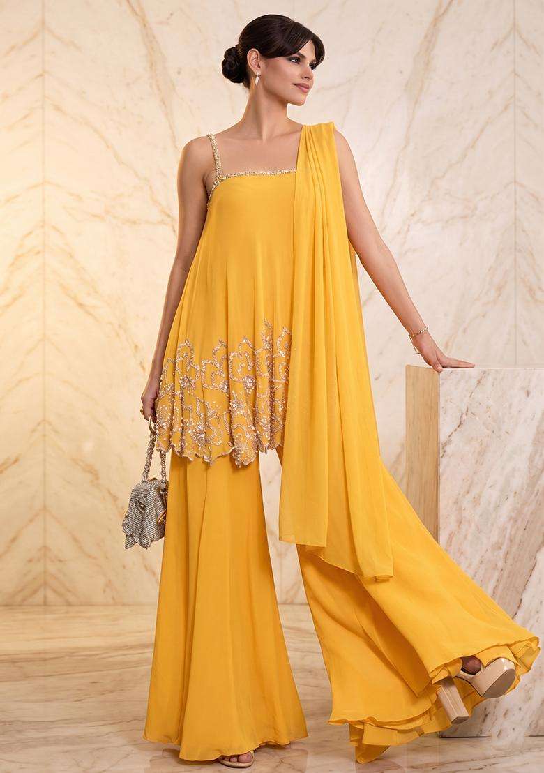Yellow Embroidered Handwork Sharara Set - Indya