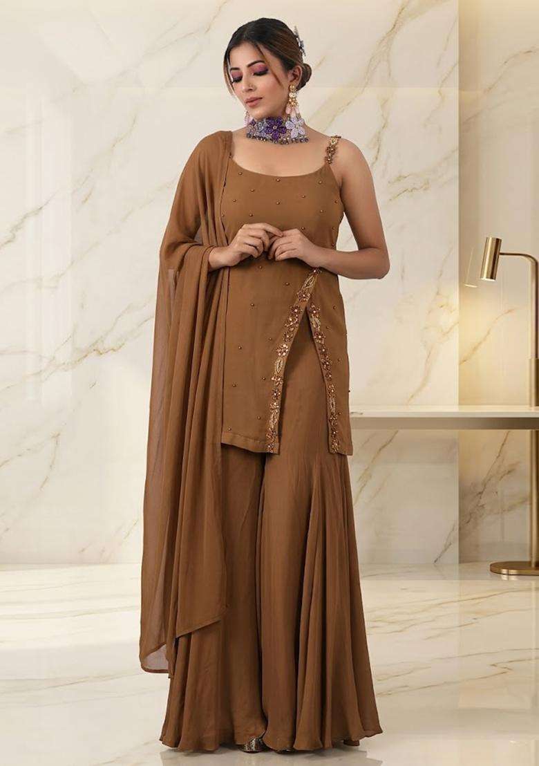 Camel Brown Embroidered Handwork Sharara Set - Indya