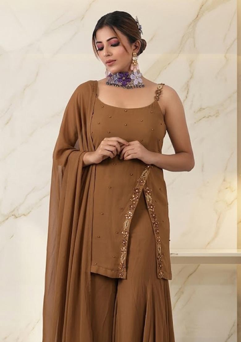 Camel Brown Embroidered Handwork Sharara Set - Indya