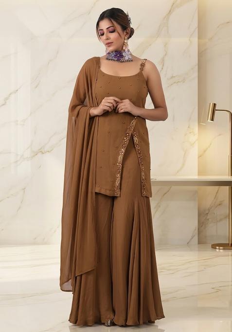 Camel Brown Embroidered Handwork Sharara Set