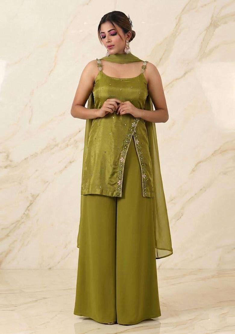 Green Embroidered Handwork Sharara Set - Indya