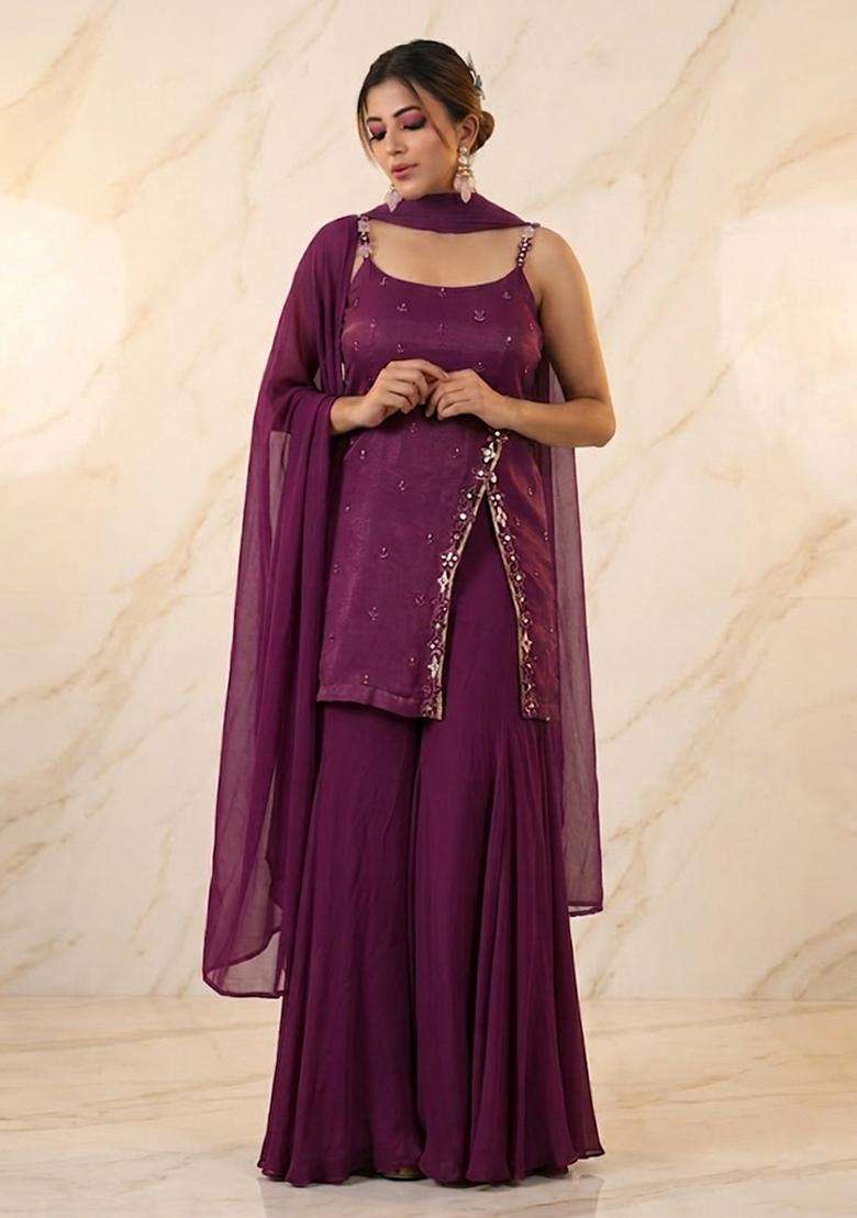 Purple Embroidered Handwork Sharara Set - Indya
