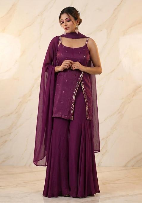 Purple Embroidered Handwork Sharara Set