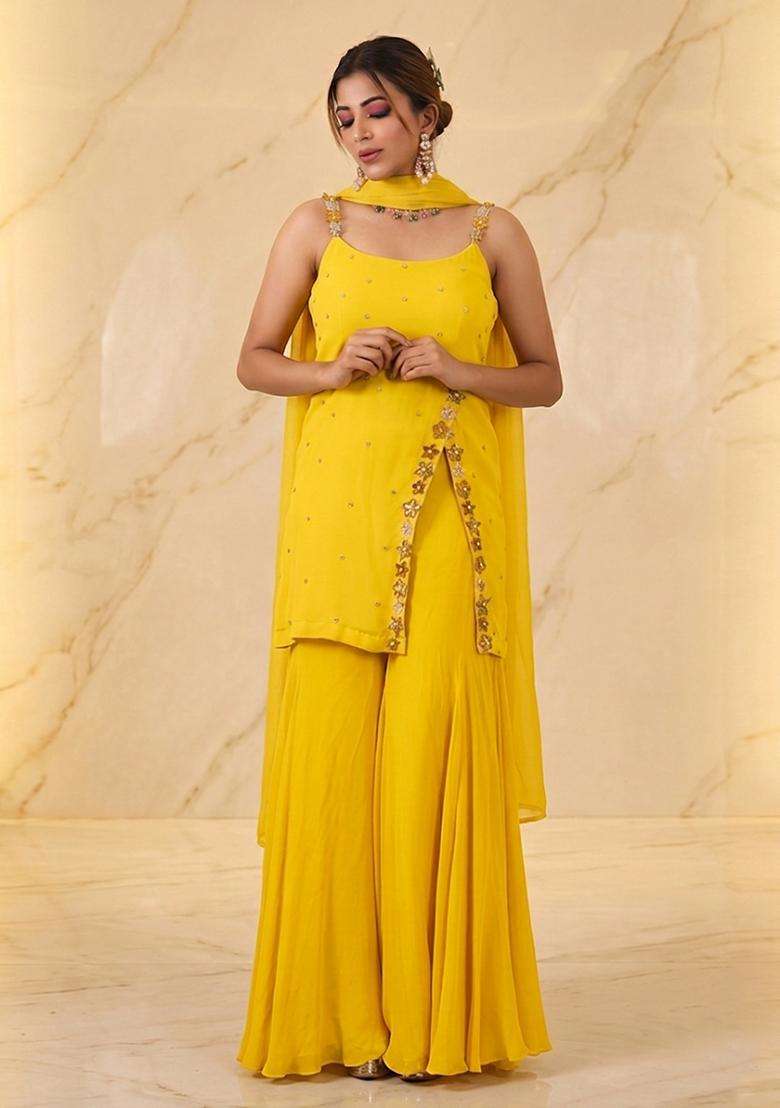 Yellow Embroidered Handwork Sharara Set - Indya