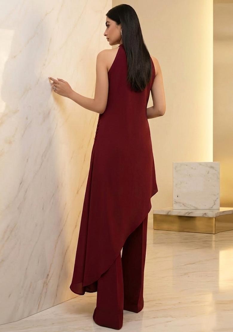 Burgundy Embroidered Handwork Fusion Set - Indya