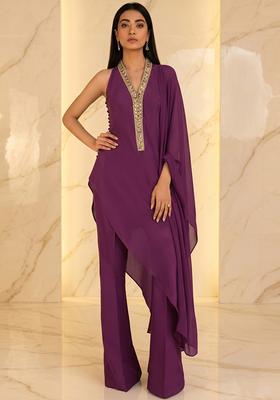 Purple Embroidered Handwork Fusion Set