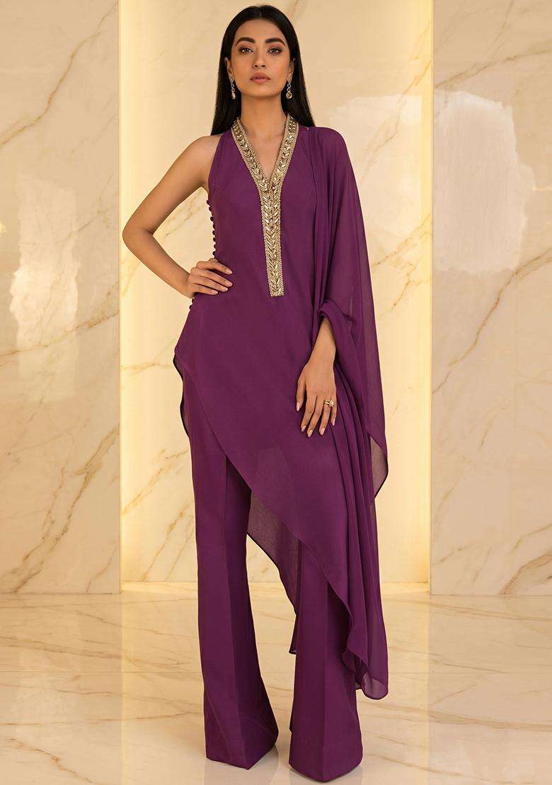 Purple Embroidered Handwork Fusion Set - Indya