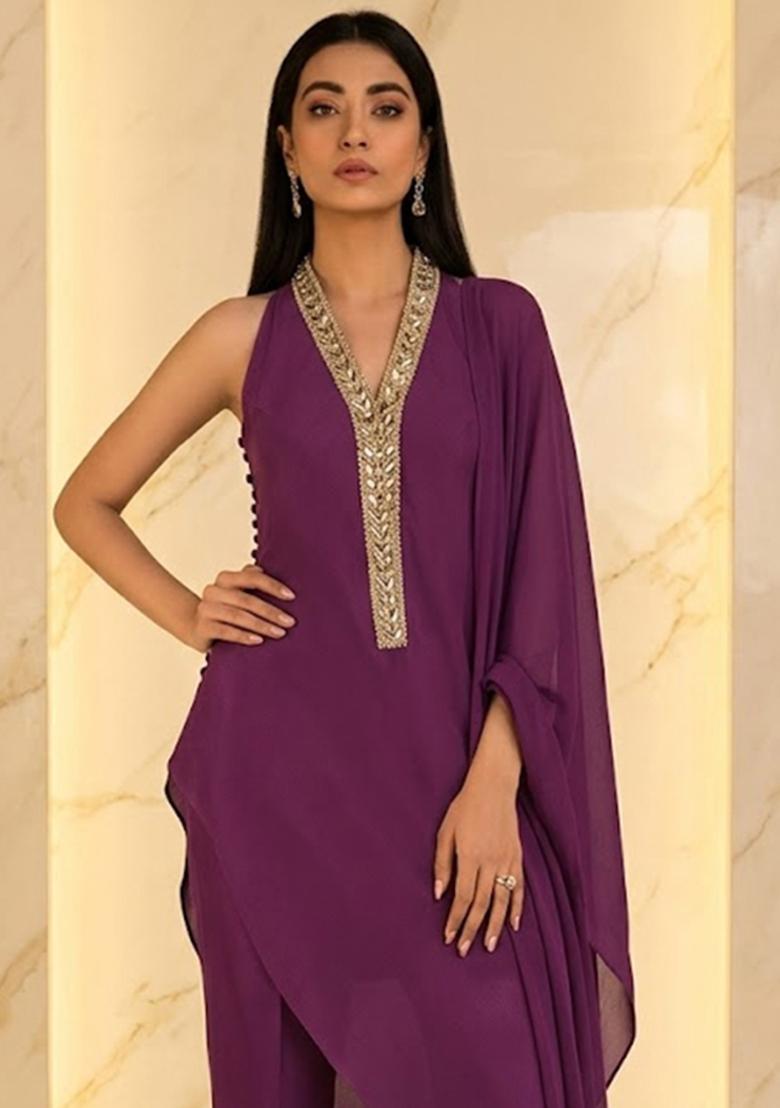 Purple Embroidered Handwork Fusion Set - Indya