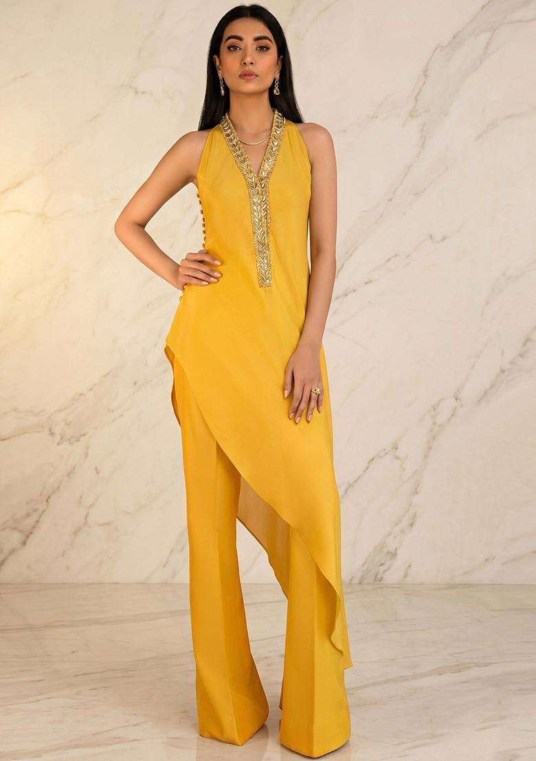 Yellow Embroidered Handwork Fusion Set - Indya