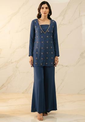 Steel Blue Embroidered Handwork Sharara Set