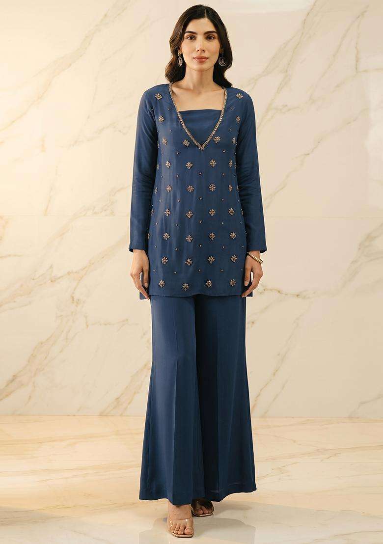 Steel Blue Embroidered Handwork Sharara Set - Indya
