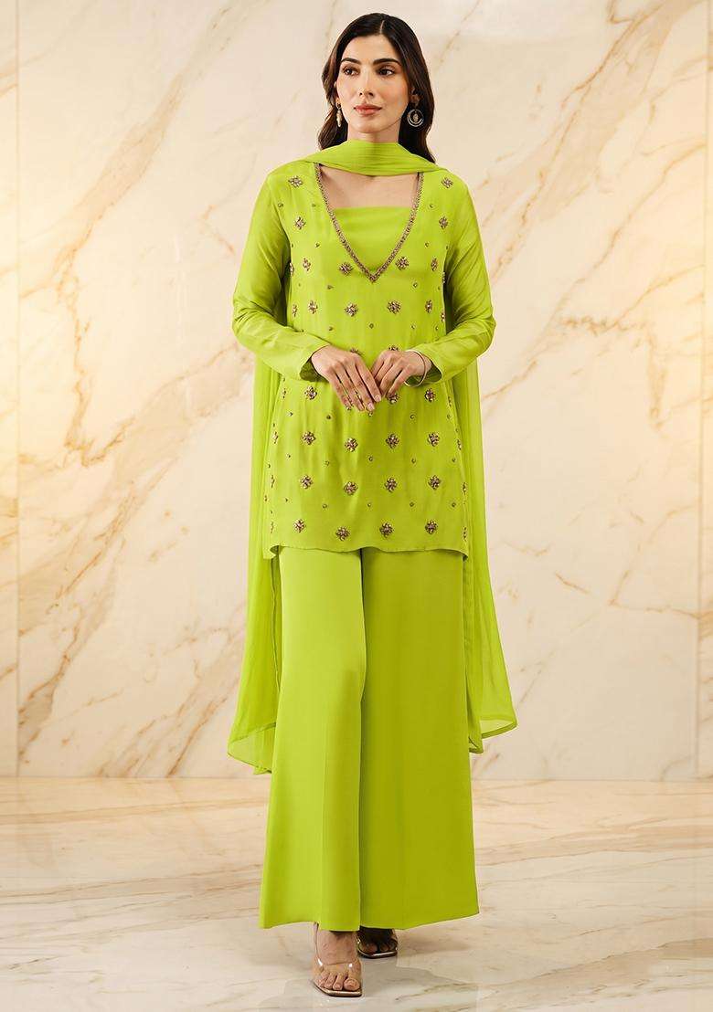 Lime Green Embroidered Handwork Sharara Set - Indya