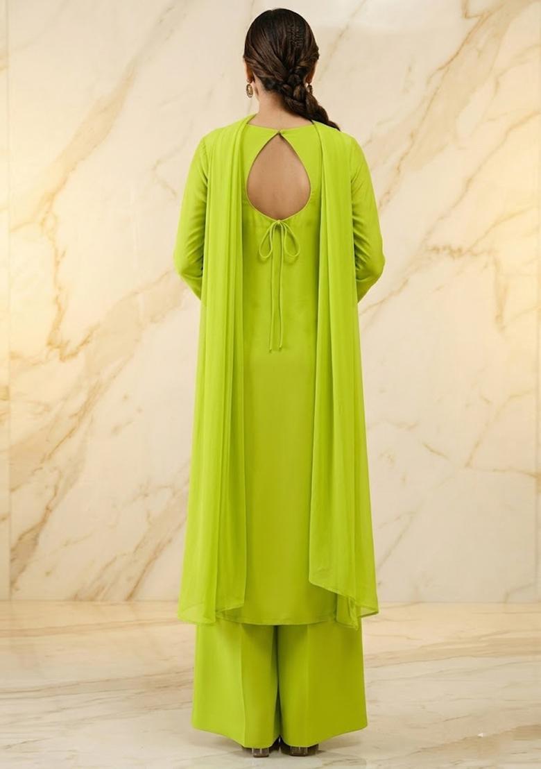 Lime Green Embroidered Handwork Sharara Set - Indya