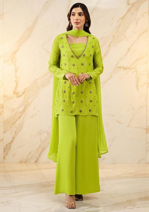 Lime Green Embroidered Handwork Sharara Set
