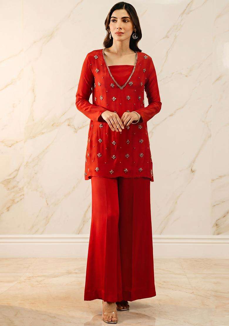 Red Embroidered Handwork Sharara Set - Indya