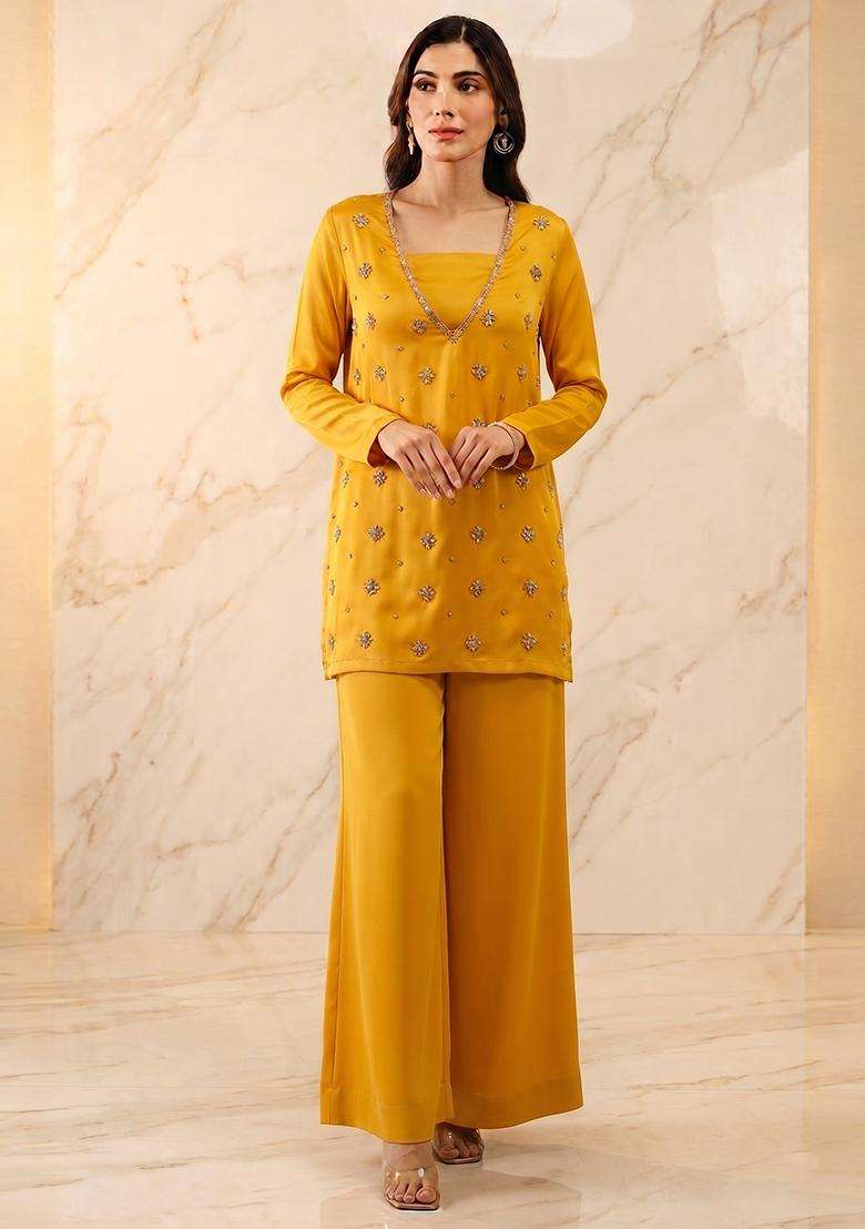 Yellow Embroidered Handwork Sharara Set - Indya