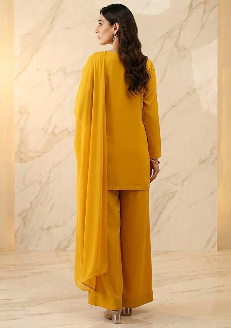 Yellow Embroidered Handwork Sharara Set - Indya