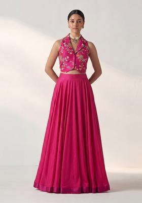 Rani Pink Embroidered Crepe Lehenga Set