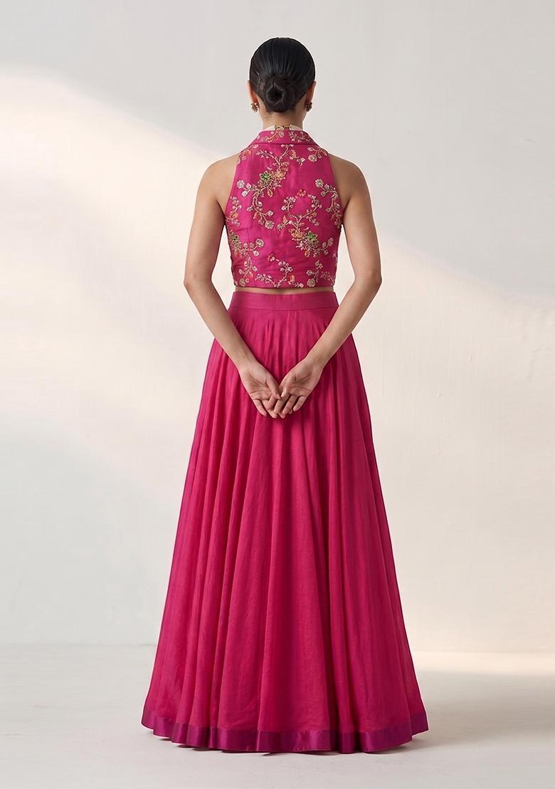 Rani Pink Embroidered Crepe Lehenga Set - Indya