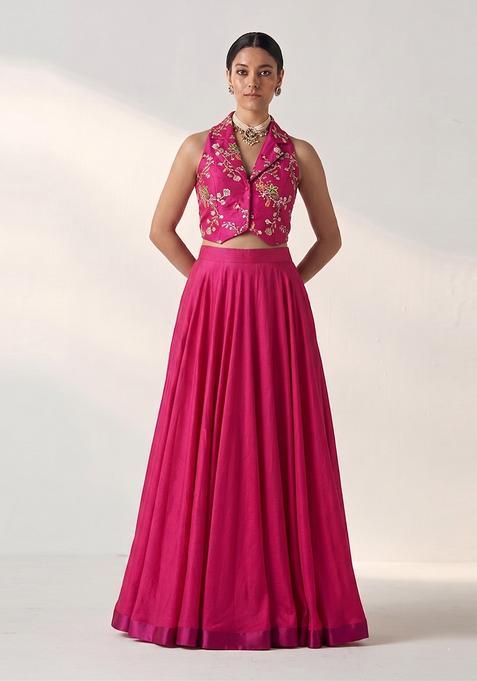 Rani Pink Embroidered Crepe Lehenga Set