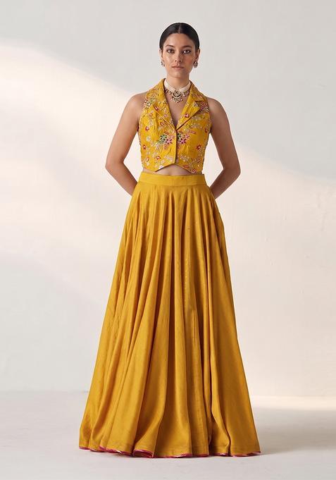 Mustard Yellow Embroidered Crepe Lehenga Set