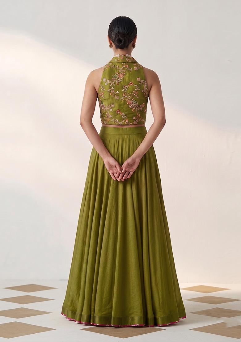 Olive Green Embroidered Crepe Lehenga Set - Indya
