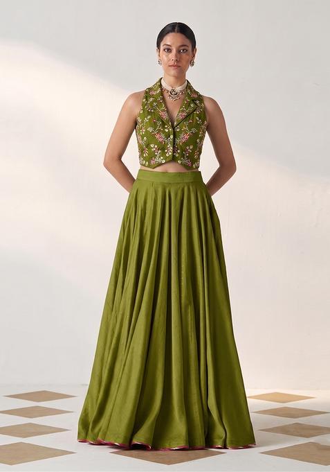 Olive Green Embroidered Crepe Lehenga Set