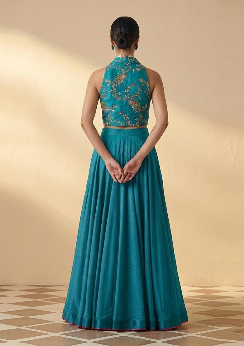 Teal Blue Embroidered Crepe Lehenga Set - Indya
