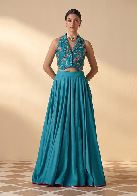 Teal Blue Embroidered Crepe Lehenga Set