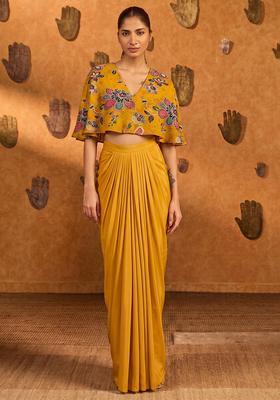 Mustard Yellow Printed Organza Fusion Set