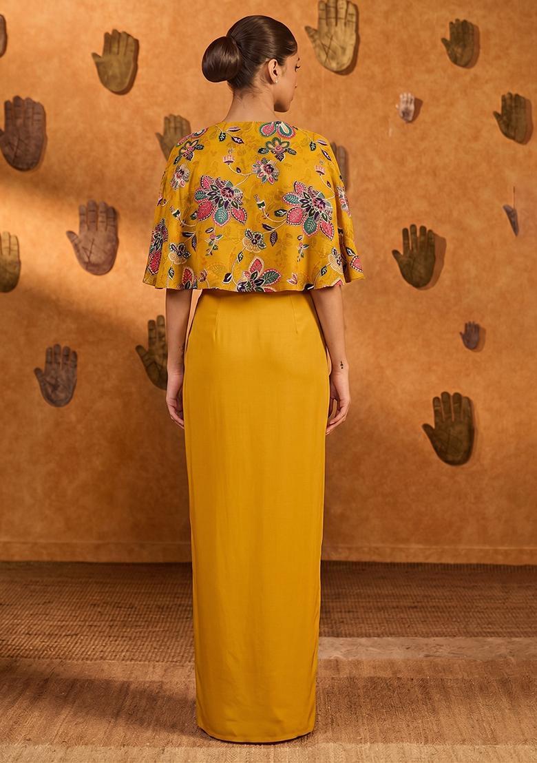 Mustard Yellow Printed Organza Fusion Set - Indya