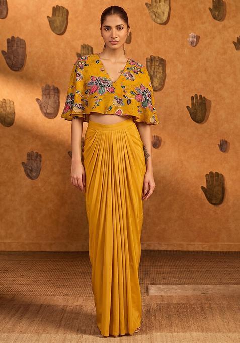 Mustard Yellow Printed Organza Fusion Set