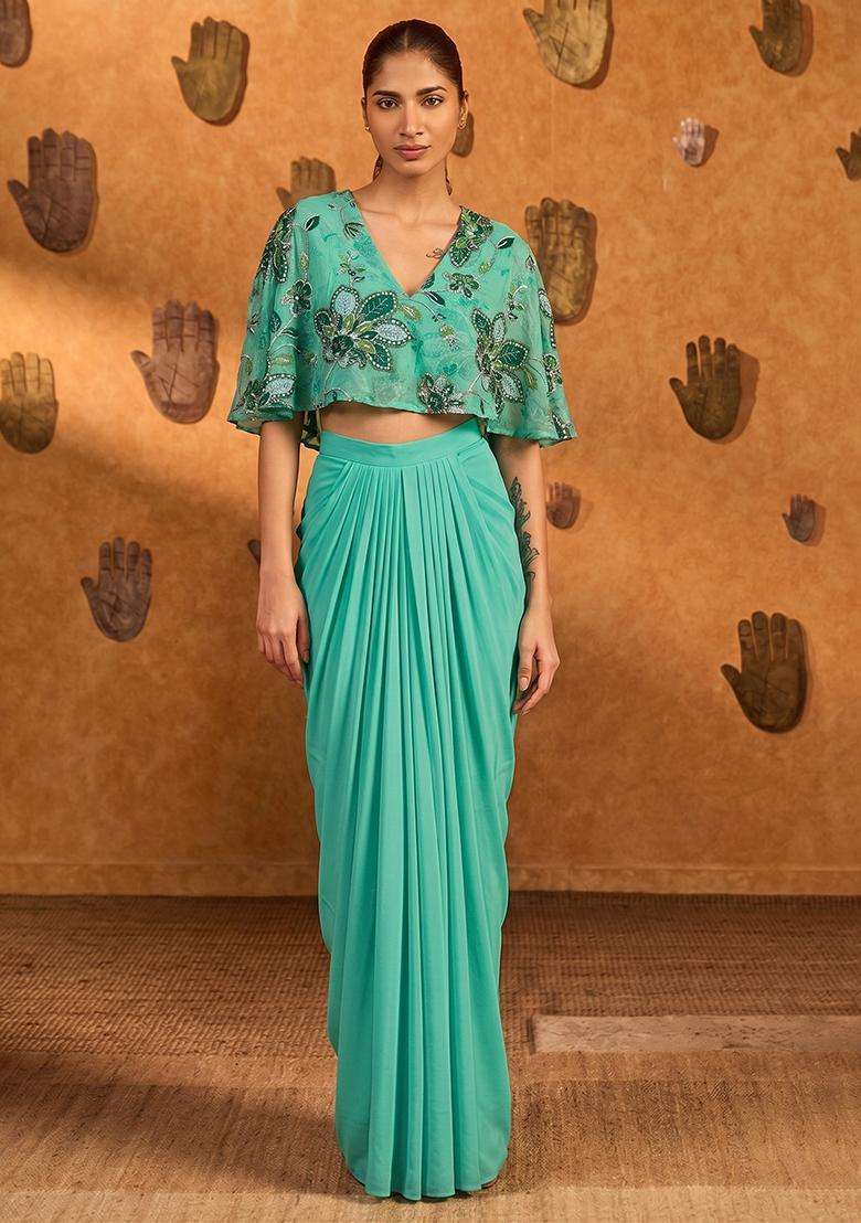 Sea Green Printed Organza Fusion Set for Diwali and Festive Wear - Indya