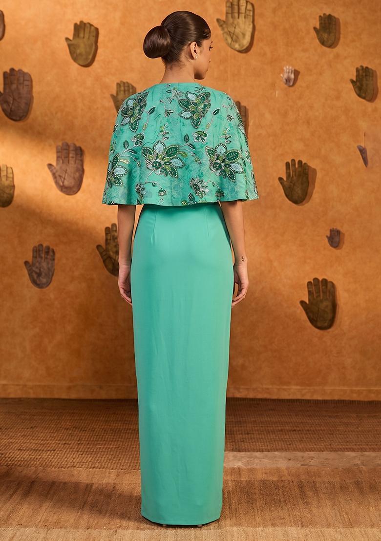 Sea Green Printed Organza Fusion Set - Indya