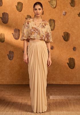 Beige Printed Organza Fusion Set