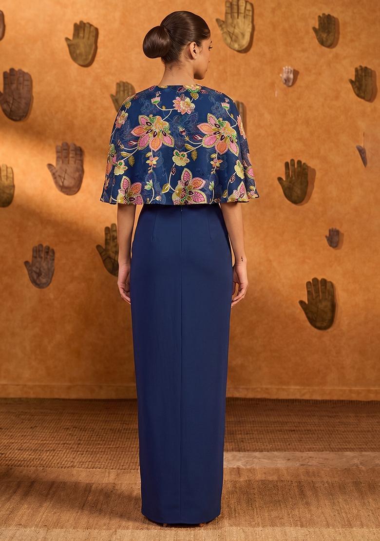 Dark Blue Printed Organza Fusion Set - Indya