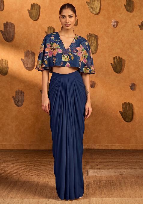 Dark Blue Printed Organza Fusion Set