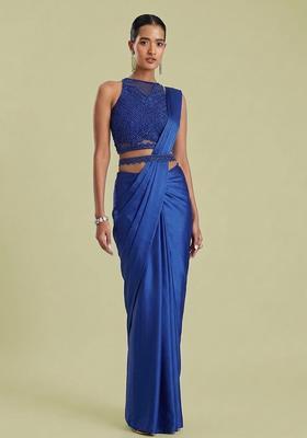 Royal Blue Embroidered Handwork Pre Draped Saree Set