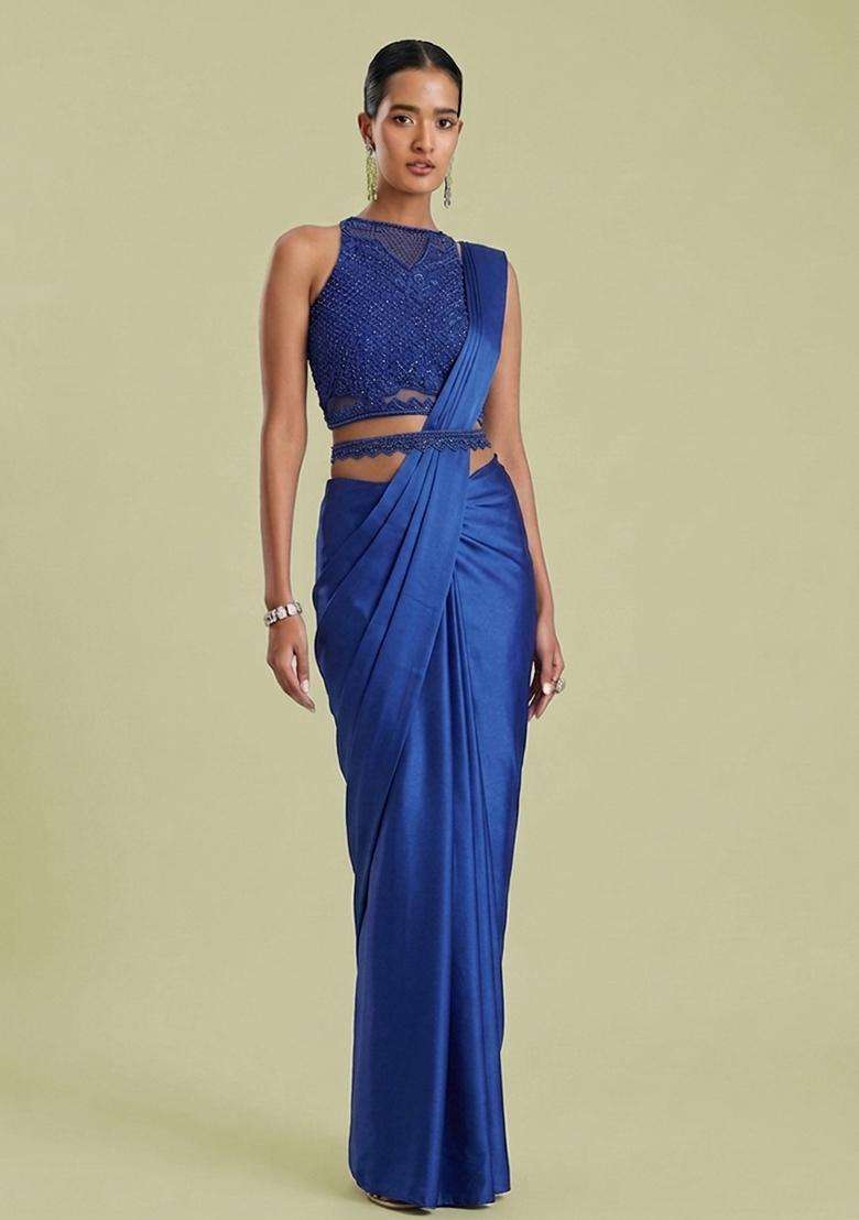 Royal Blue Embroidered Handwork Pre Draped Saree Set - Indya