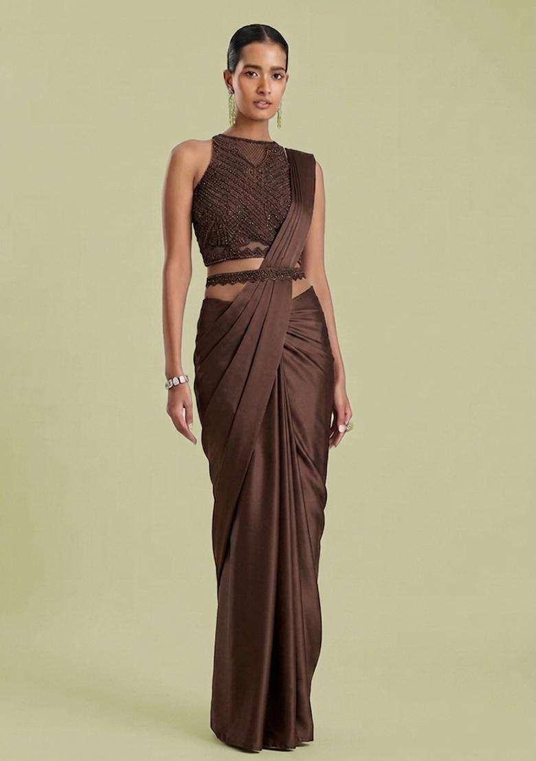 Brown Embroidered Handwork Pre Draped Saree Set - Indya